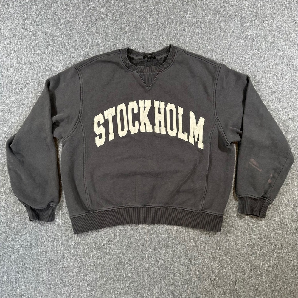 Dynamite Sweatshirt Womens S Stockholm Applique Charcoal Grey V-Stitch Ribbed